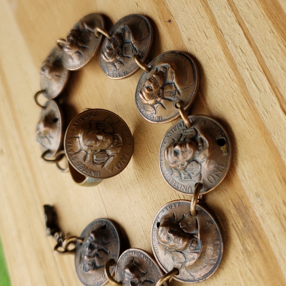 Vintage lincoln head popout coin bracelet & ring